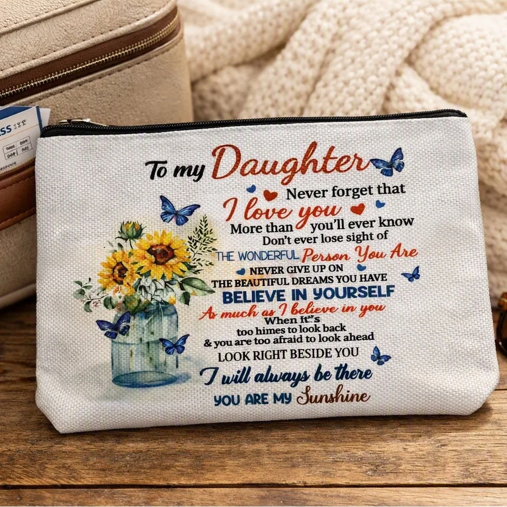 To My Daughter Floral Sunflower Canvas Pouch - Inspirational Makeup Bag